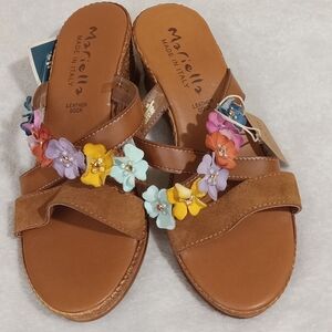 Mariella Made in Italy Floral Wedge Women's Sandals Leather Tan Multi NWT Sz 8M